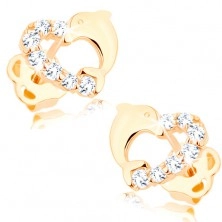 585 gold brilliant earrings - heart contour with a diamond line and a dolphine