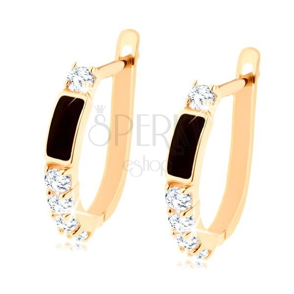 585 gold brilliant earrings - black rectangle, clear circular diamonds