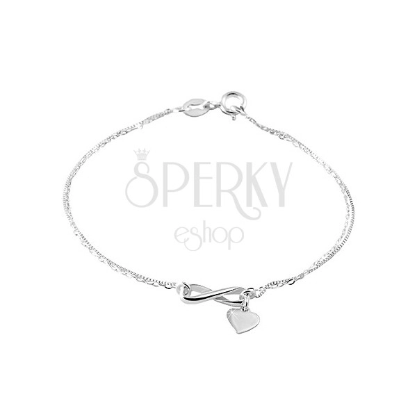 925 silver bracelet with double chain, infinity symbol, heart