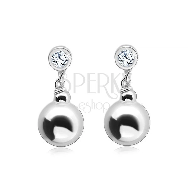 925 silver earrings, circular clear zircon with a dangling ball