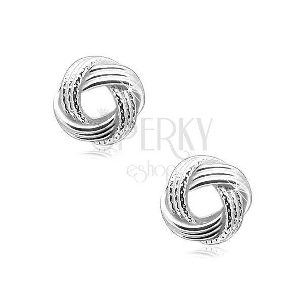 925 silver earrings, shiny knot with ribbed lines, studs