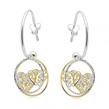925 silver earrings, incomplete circle, bands with hearts, two-coloured