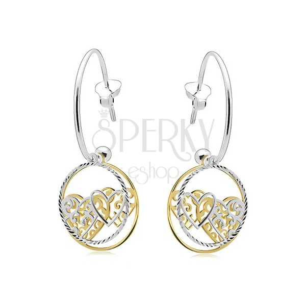 925 silver earrings, incomplete circle, bands with hearts, two-coloured