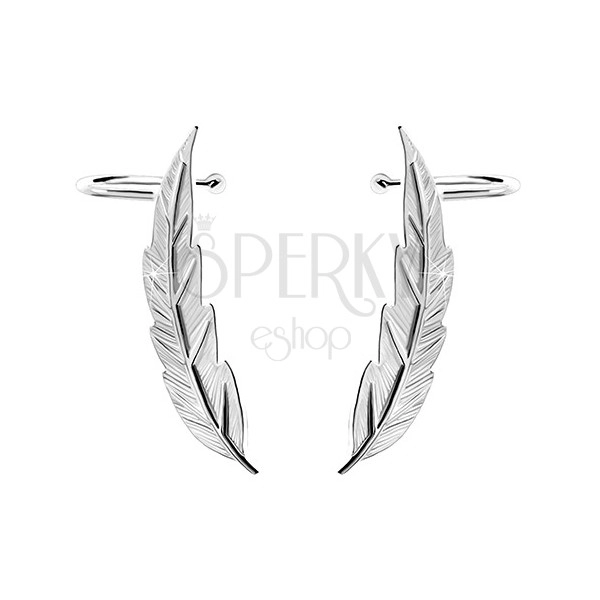 925 silver earrings crawler - thin shiny engraved leaf, studs and hooks