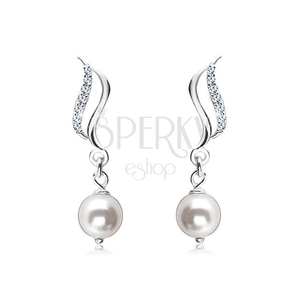 925 silver earrings, smooth and zircon wave, white round pearl