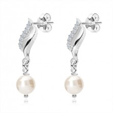 925 silver earrings, smooth and zircon wave, white round pearl