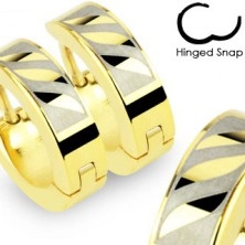Hinged snap earrings made of 316L steel in gold colour - three diagonal waves in gray oblong