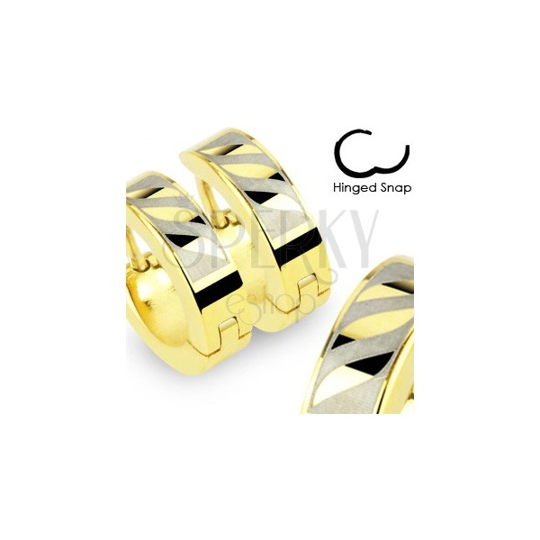 Hinged snap earrings made of 316L steel in gold colour - three diagonal waves in gray oblong