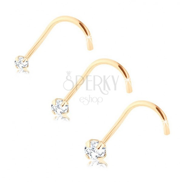 Set of three 375 gold nose piercings, circular clear zircons, various sizes