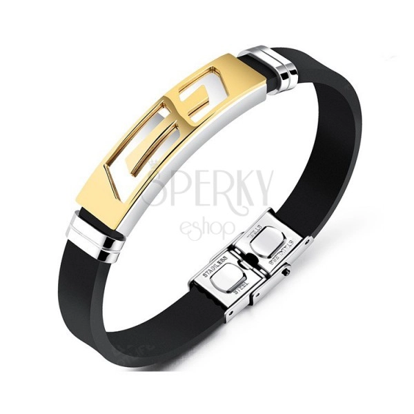 Steel-rubber bracelet, black strap, two-coloured plate with diagonal cross