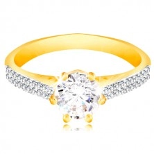 14K gold ring - sparkling clear zircon in a decorative mount, zircon shoulders