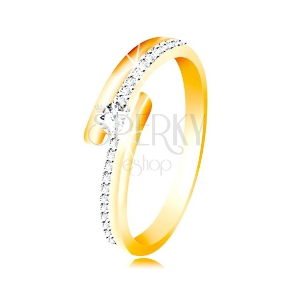 585 gold ring - split shoulders with combination of white gold, protruding circular zircon in clear color 