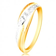 585 gold ring - line of white and yellow gold, sparkling cut surface
