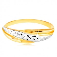 585 gold ring - line of white and yellow gold, sparkling cut surface