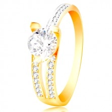 14K gold ring - big clear zircon, asymmetrical shoulders with tiny zircons