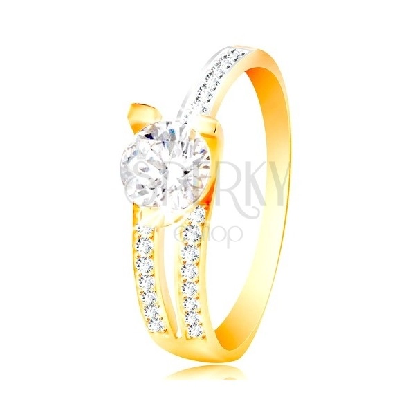 14K gold ring - big clear zircon, asymmetrical shoulders with tiny zircons