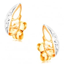 14K gold earrings - two-coloured leaf decorated with clear zircons