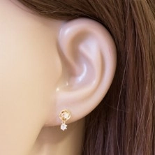 Earrings made of yellow 14K gold, rose flower with clear zircons, studs