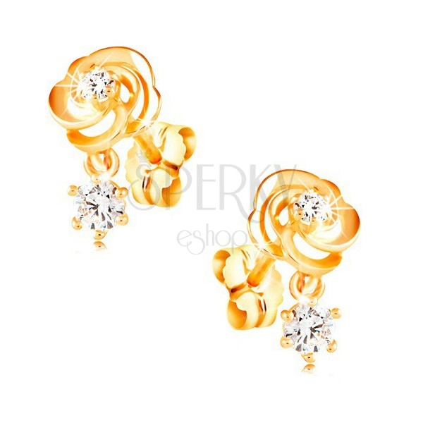 Earrings made of yellow 14K gold, rose flower with clear zircons, studs