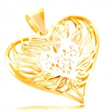585 gold pendant - big two-coloured heart, white gold middle with fires around it