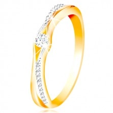 14K gold ring, split shoulders of yellow and white gold, clear zircons