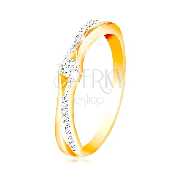 14K gold ring, split shoulders of yellow and white gold, clear zircons