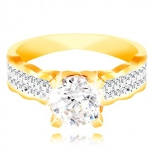 Ring in 14K gold - big clear zircon in a mount, zircon lines, curved edges