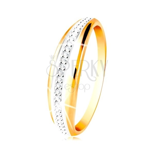 14K gold ring - protruding stripe with a line of white gold and clear zircons