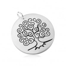 Steel pendant in silver shade, matte surface with black Tree of life