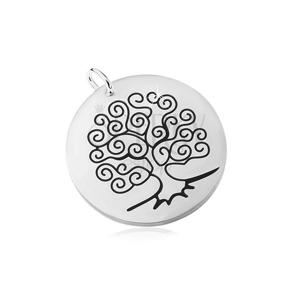 Steel pendant in silver shade, matte surface with black Tree of life