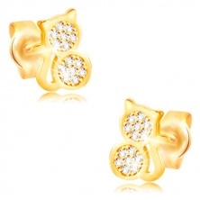 585 gold earrings - cat inlaid with clear zircons, smooth edge