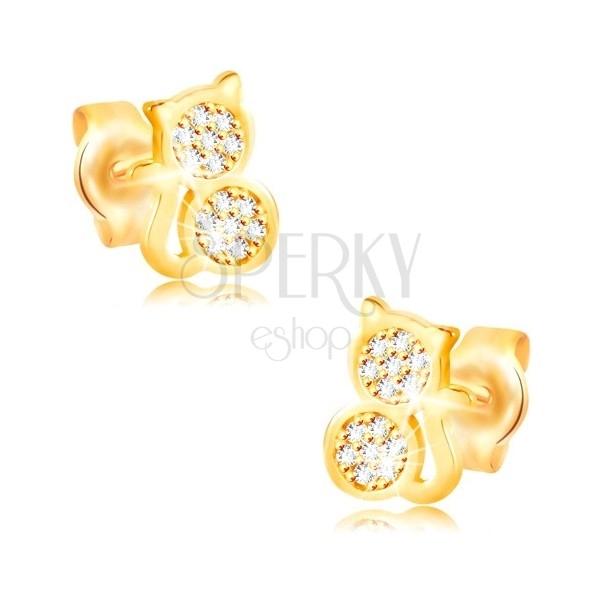 585 gold earrings - cat inlaid with clear zircons, smooth edge