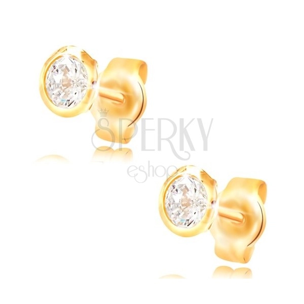 Earrings made of yellow 585 gold - circular clear zircon in a mount, 5 mm