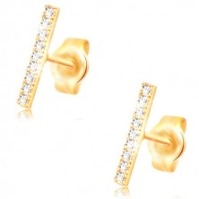 Earrings made of yellow 14K gold, thin stripe decorated with clear zircons