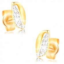 14K gold earrings - two-coloured curved grain with zircons and cut