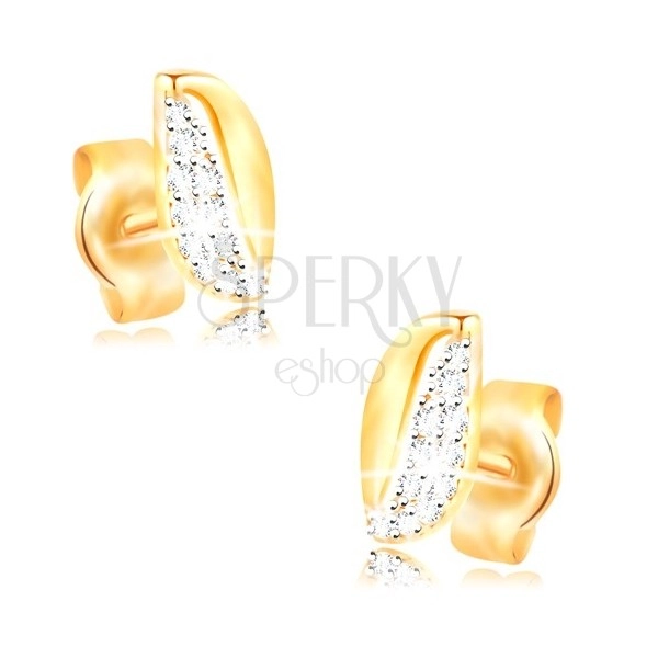 14K gold earrings - two-coloured curved grain with zircons and cut