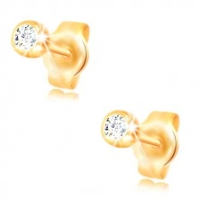 Yellow 14K gold earrings - circular clear zircon in a shiny mount, 3 mm