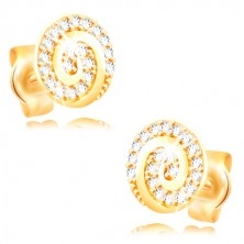 Earrings made of yellow 14K gold - circle decorated with a spiral and clear zircons