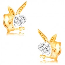 14K gold earrings - bunny head, white and yellow gold, zircons
