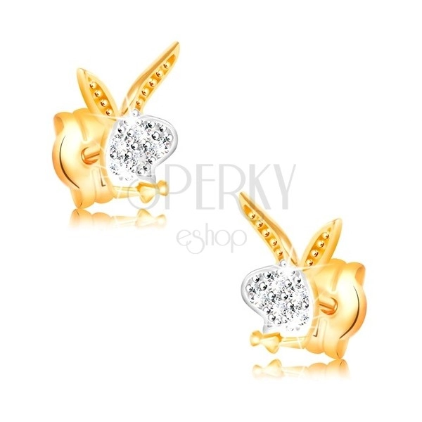 14K gold earrings - bunny head, white and yellow gold, zircons