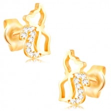 Earrings made of yellow 14K gold - shiny cat contour with zircon tail
