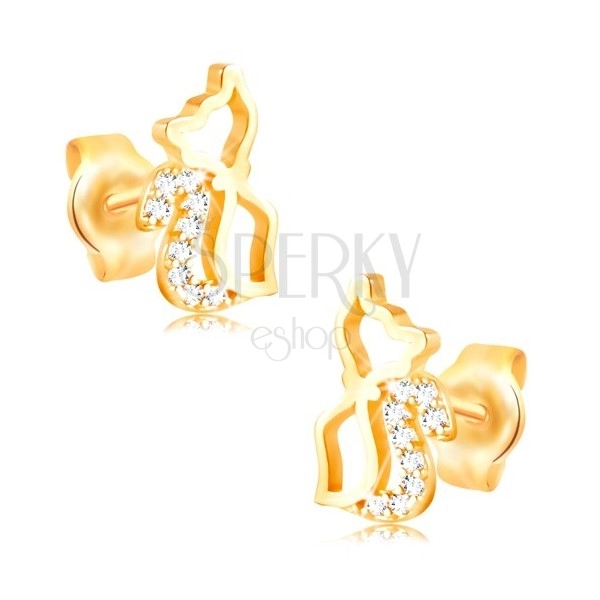 Earrings made of yellow 14K gold - shiny cat contour with zircon tail