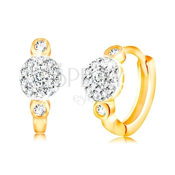 14K gold earrings with hinged snap - circles with flower of clear zircons