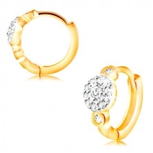 14K gold earrings with hinged snap - circles with flower of clear zircons