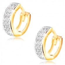 14K gold circular earrings - stripe decorated with two lines of clear zircons