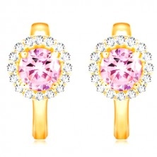 Earrings made of yellow 14K gold - pink zircon in a band of clear zircons