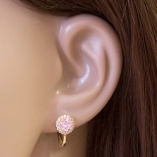 Earrings made of yellow 14K gold - pink zircon in a band of clear zircons