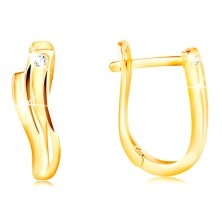14K gold earrings - shiny waves with thin indent and clear zircon