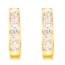 Yellow 14K gold earrings with hinged snap - clear square zircons, cuts