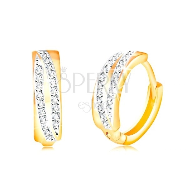 14K gold circular earrings - two sparkling arches of clear zircons